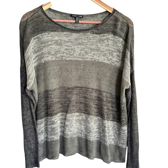 Eileen Fisher Linen Stripe Sweater L Gray Coastal Travel Capsule Minimalist - Picture 1 of 6